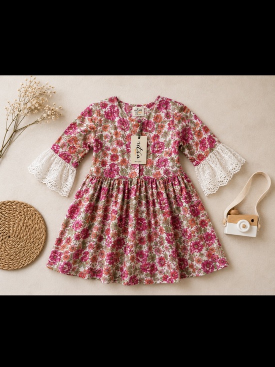 Utsa Other - Utsa Kids Floral Lace Sleeve Dress Girls Size 9/10 Pink Boho Cottagecore
